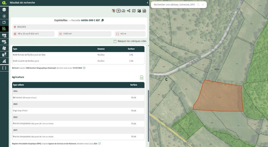 Fiche parcelle Lumia présentant les données agricoles annuelles et la surface cultivée pour évaluer le potentiel d'installation d'une ombrière photovoltaïque agricole.