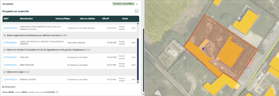Vue Lumia affichant les occupants d'une parcelle agricole et son découpage cadastral pour déterminer la faisabilité d'une ombrière photovoltaïque agricole.