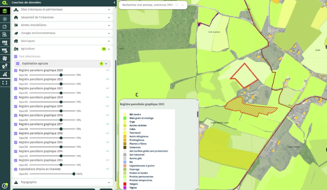 Carte Lumia affichant le Registre Parcellaire Graphique (RPG) et les types de cultures pour analyser des parcelles agricoles compatibles avec une ombrière photovoltaïque agricole.